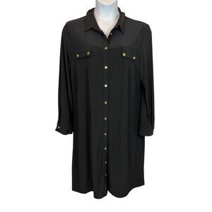 TravelSmith Button-Front Shirt Dress  Women's XL  Black Jersey Knit Roll-Tab Slv
